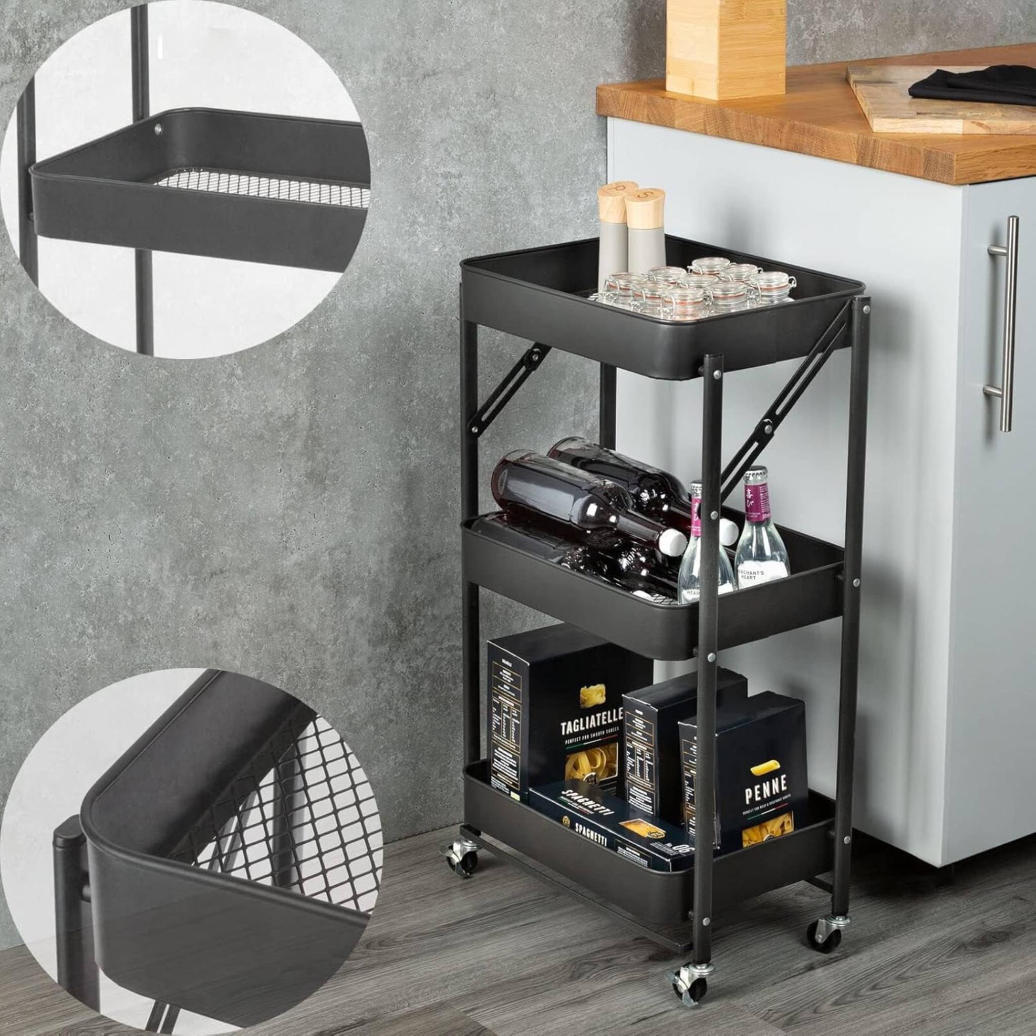 3 Tier Folding Kitchen Storage Trolley Organizer Rack with Locking Wheels
