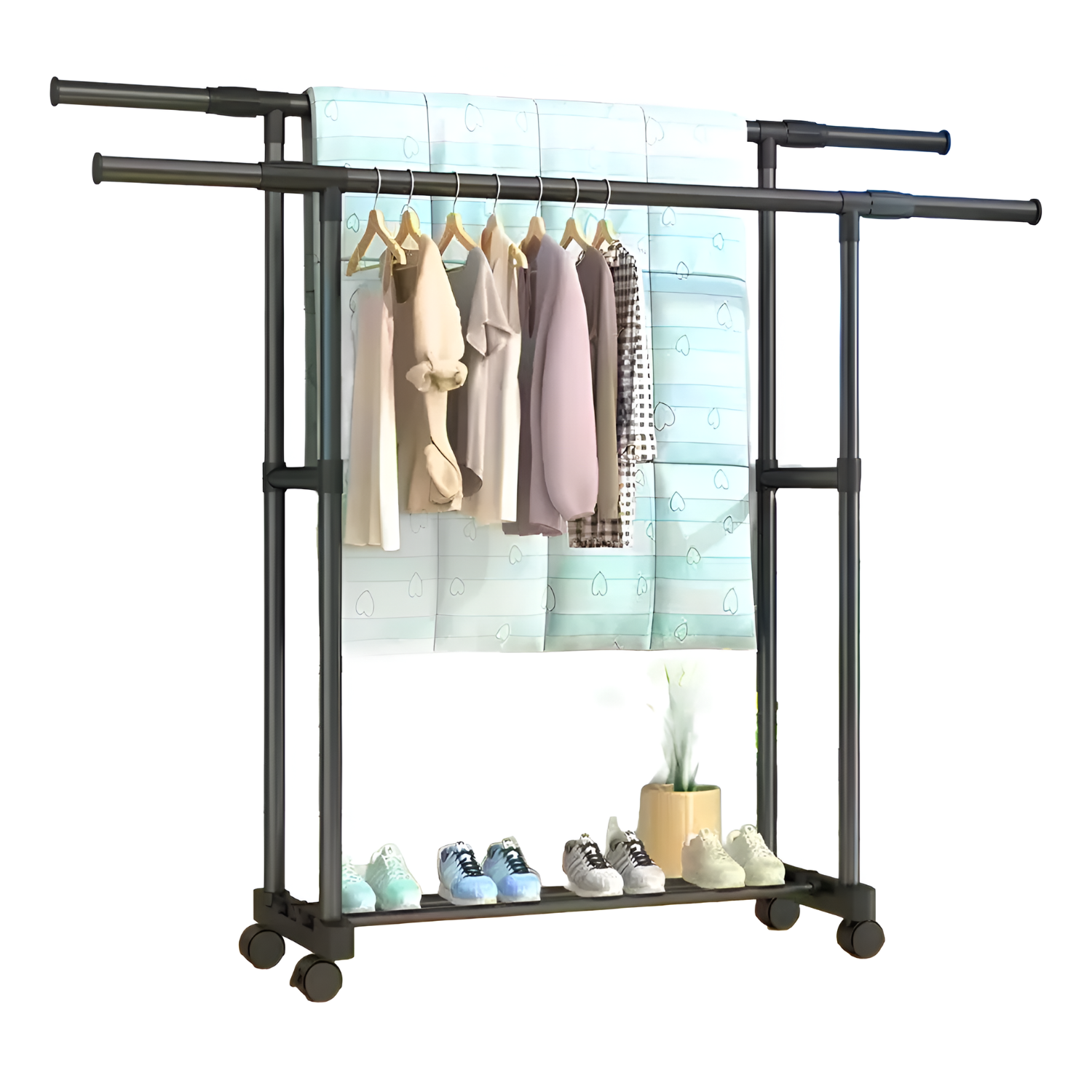 Adjustable Cloth Hanging Rack with Wheels for Coats, Dress