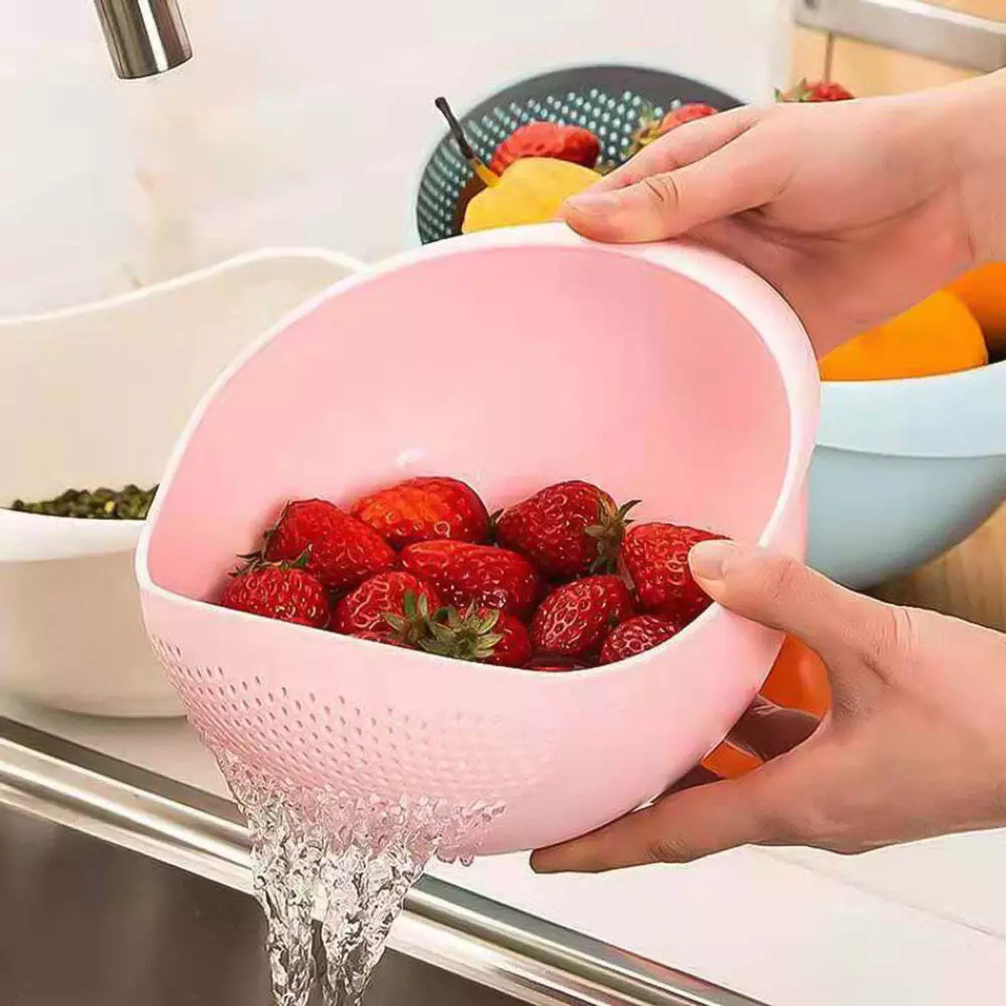Plastic Rice Washing Colander Strainer Basket for Rice, Vegetables, and Fruits Pink