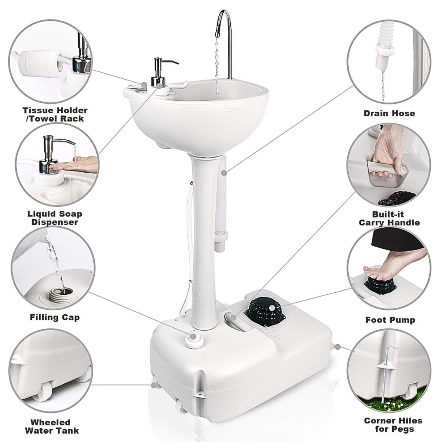 Portable Outdoor Camping Handwash Gooseneck Wash Basin with Foot Press Pump, Soap Dispenser, Faucet & Towel Holder
