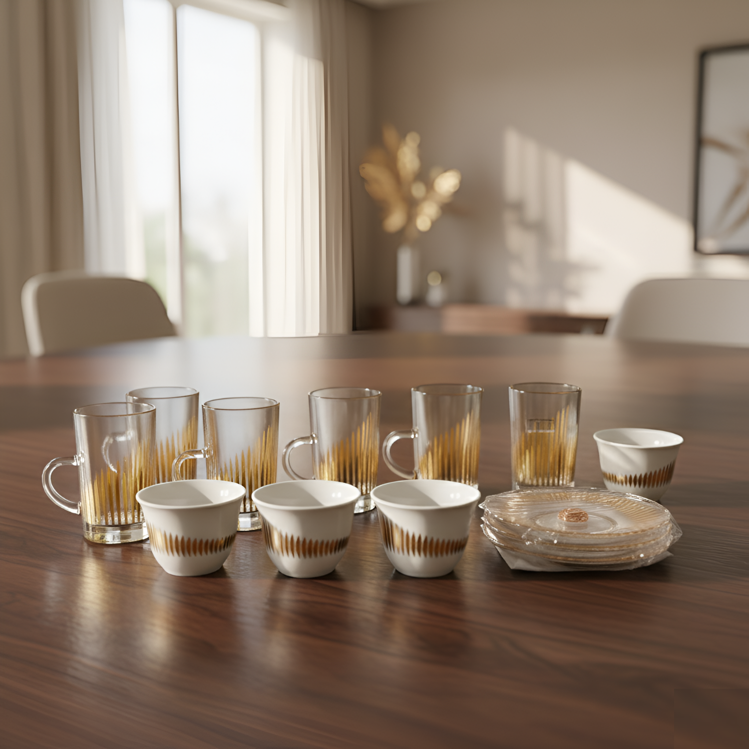 Glass Tea Cups and Ceramic Arabic Coffee Qahwa Cups Set (18 Pcs)