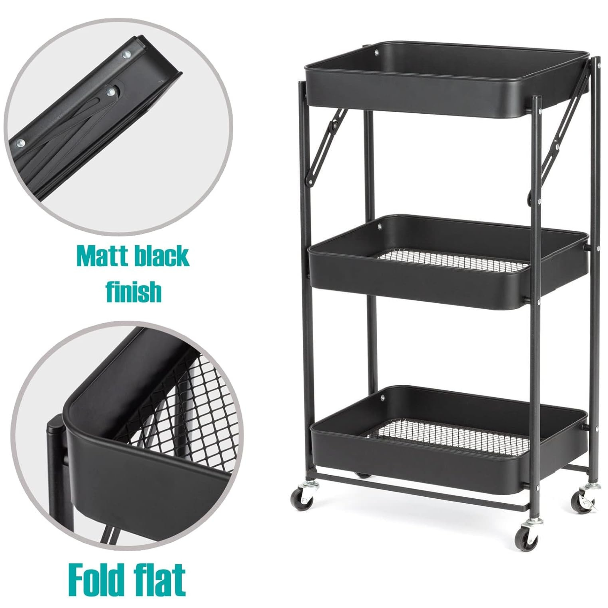 3 Tier Folding Kitchen Storage Trolley Organizer Rack with Locking Wheels