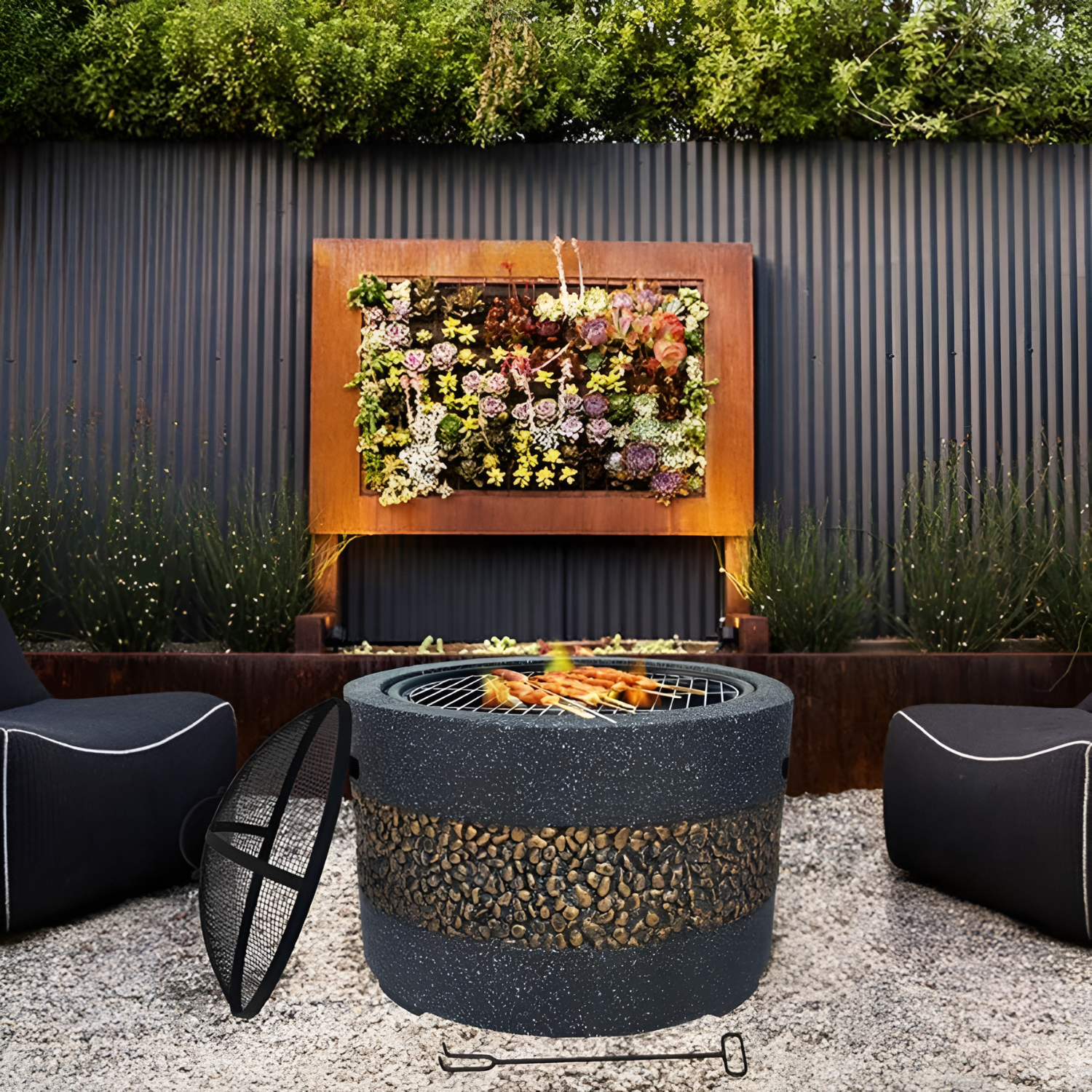 Outdoor Fire Pit with Artificial Stone Edging 56 x 56 x 36 cm