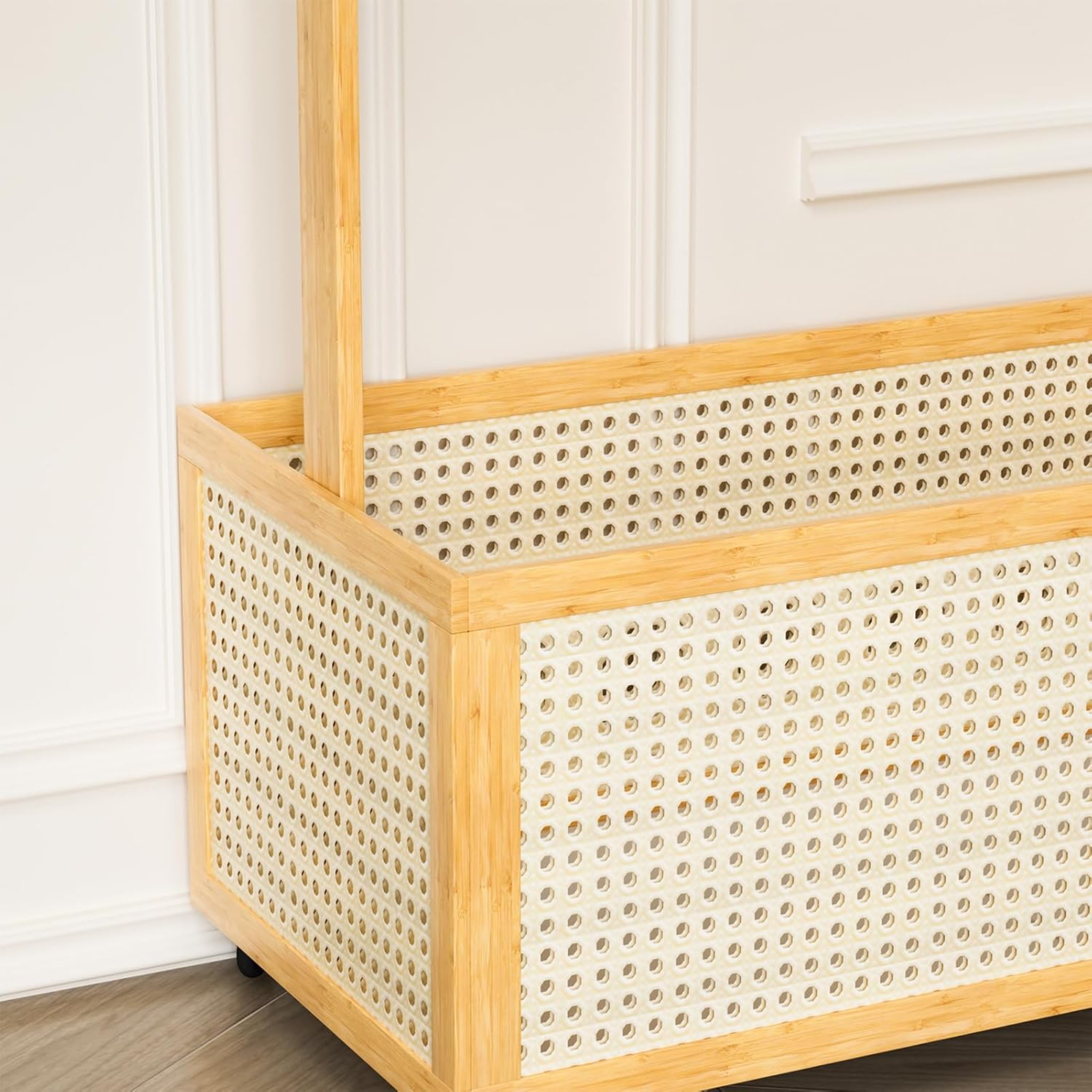 Bamboo Clothes Hanger with Bottom Laundry Basket and Wheels