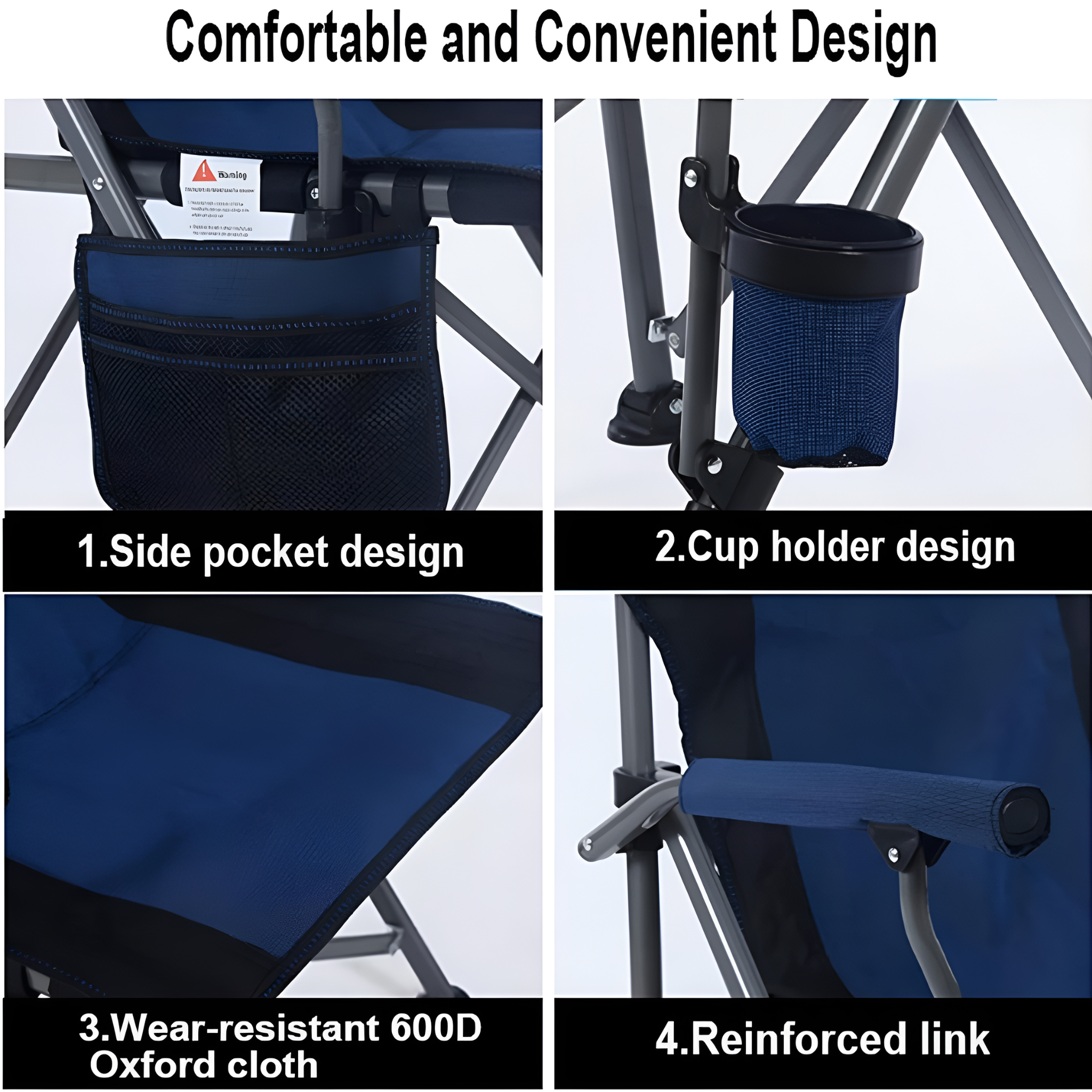 Folding Camping Chair Backpacking Side Pocket with Armrests, Cup Holder, Carry Bag