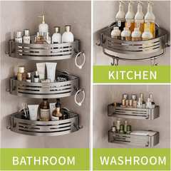 Wall Mounted Bathroom Corner Metal Organizer Shelf with Towel Hanger and Hooks
