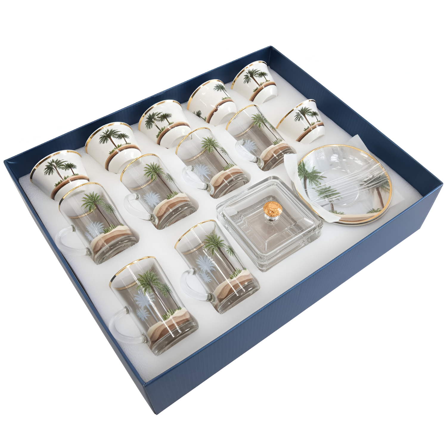Glass Tea Cups and Ceramic Arabic Coffee Qahwa Cups Set (18 Pcs) Desert Palm Oasis