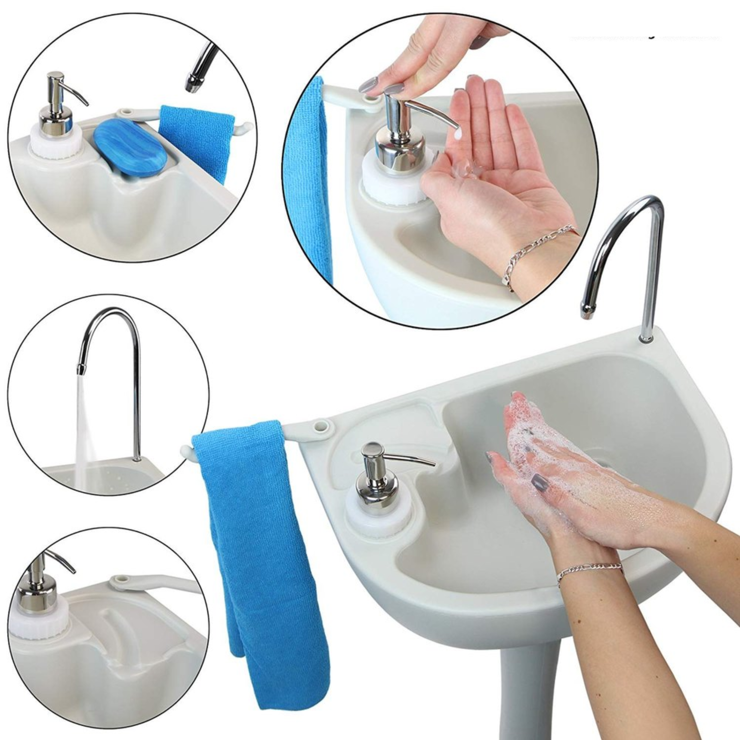 Portable Outdoor Camping Handwash Gooseneck Wash Basin with Foot Press Pump, Soap Dispenser, Faucet & Towel Holder