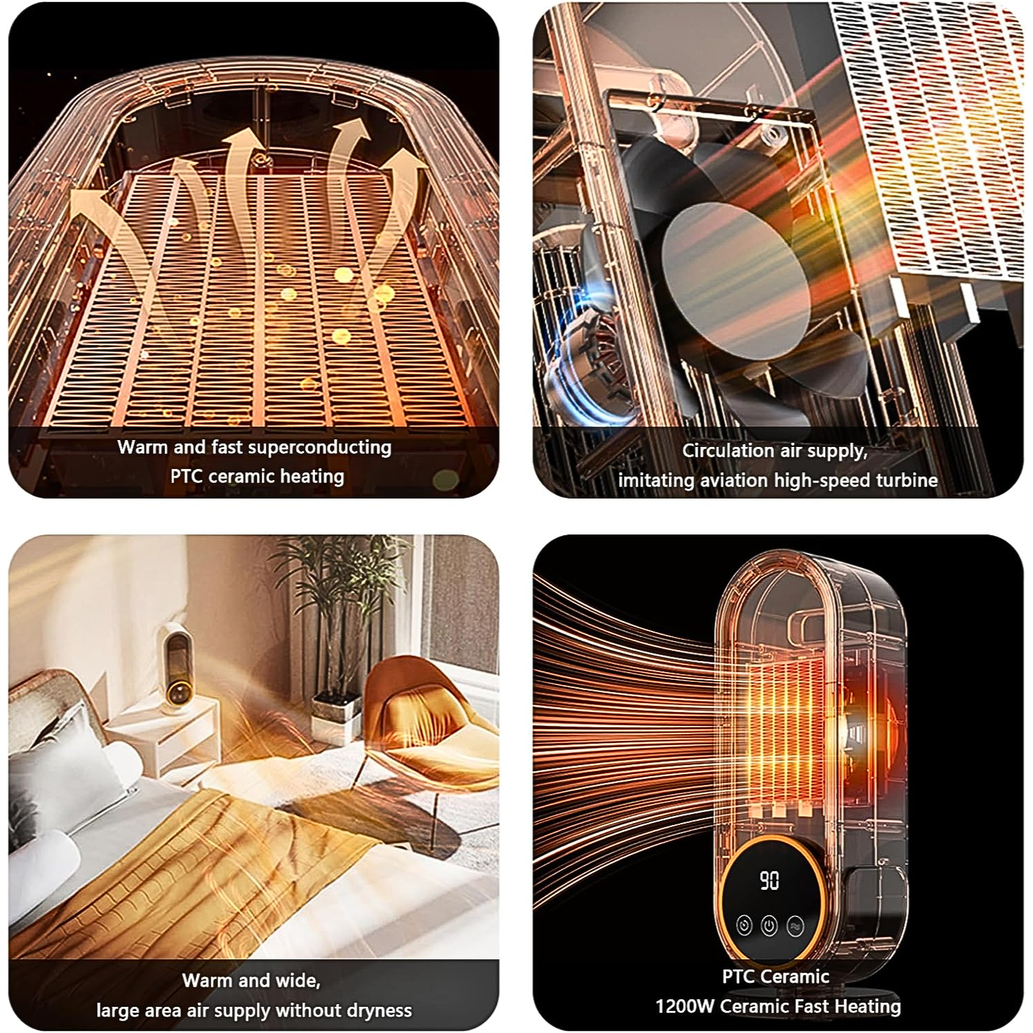 E68S 1200W Portable Electric Space Heater, Fast Heating With Remote Control, 3 Modes, Overheating Protection for Office Home