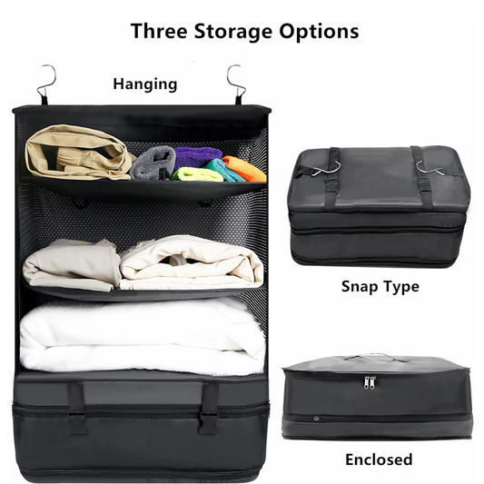 Hanging Garment Organizer with 3 Collapsible Shelves and 2 Hooks for Clothes Storage