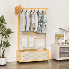 Bamboo Clothes Hanger with Bottom Laundry Basket and Wheels