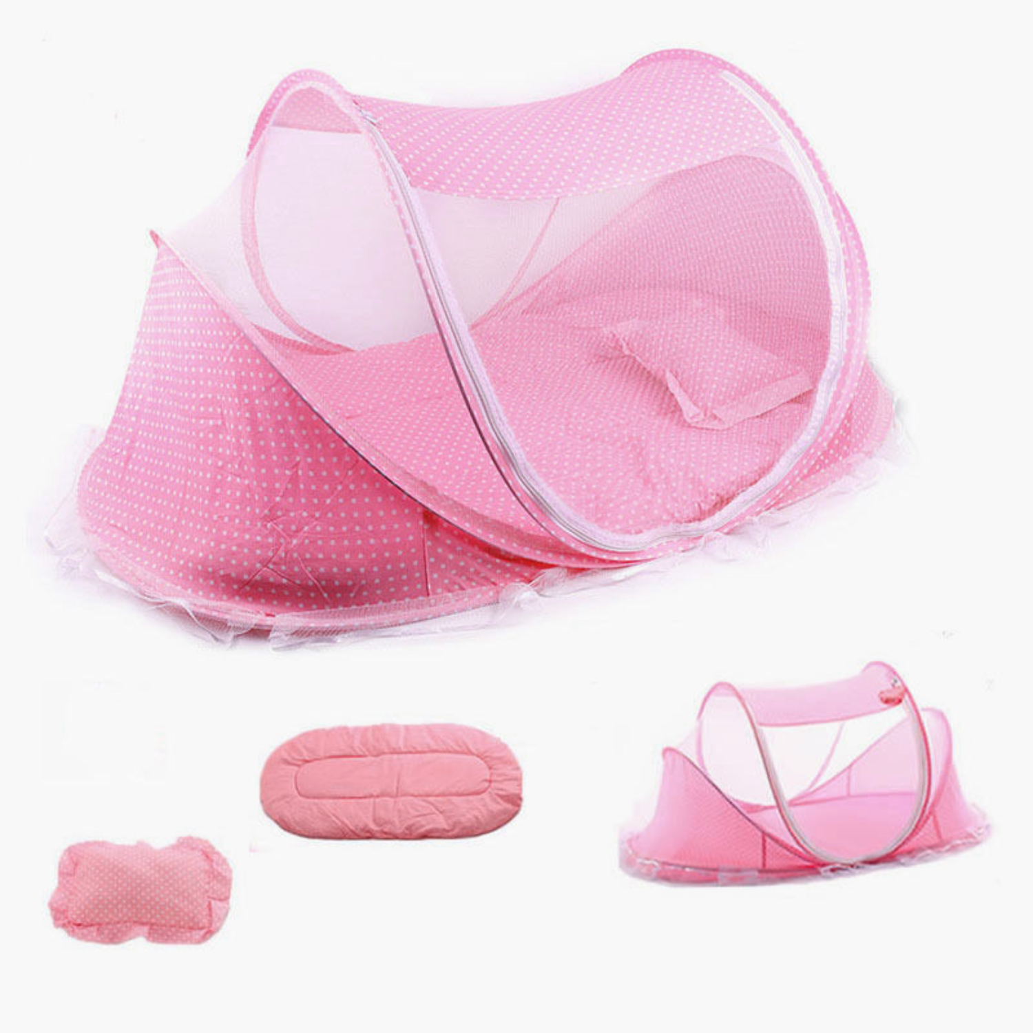 Folding Mosquito Protection Net Newborn Baby Bed Crib with Pillow Pink