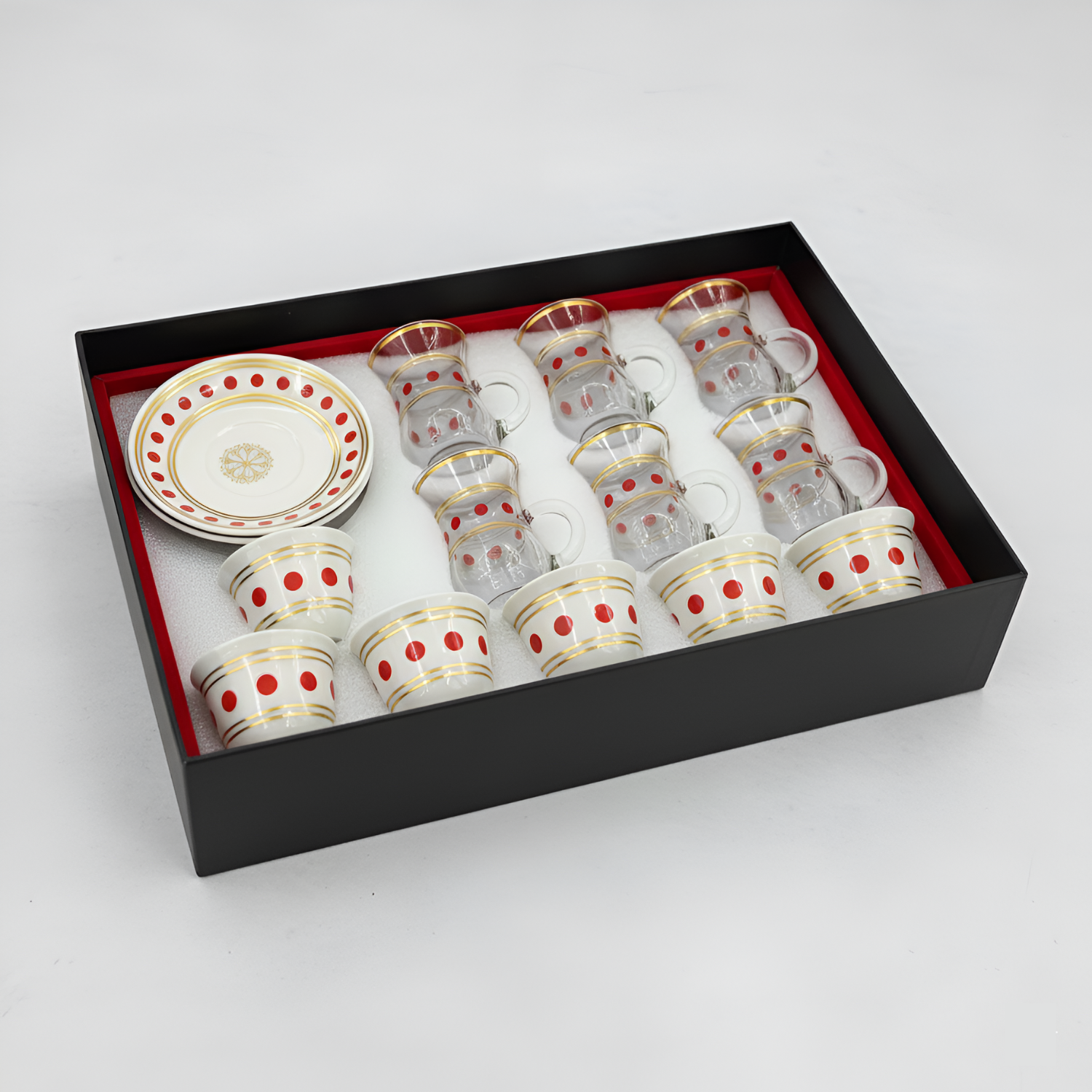 Glass Tea Cups and Ceramic Arabic Coffee Qahwa Cups Set (18 Pcs) Royal Red Polka Dot