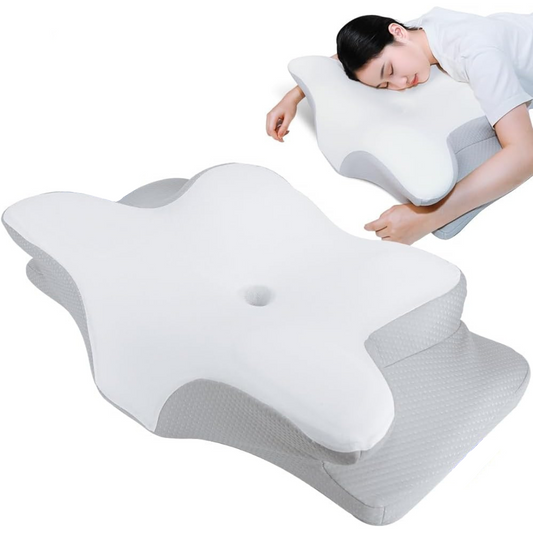 Orthopedic Ergonomic Butterfly Shaped Memory Foam Cervical Pillow for Neck Pain White + Grey