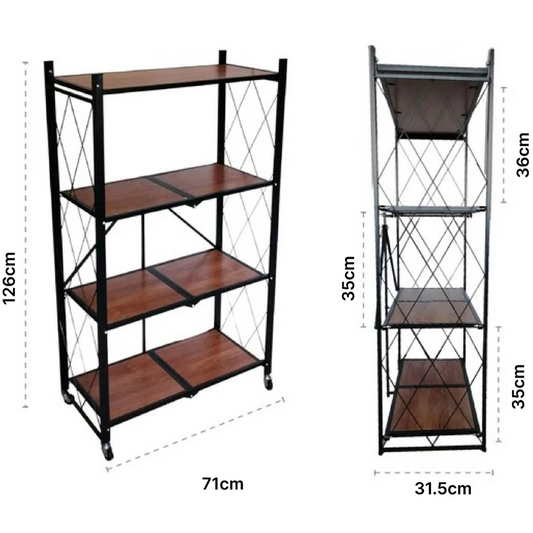 Heavy Duty Folding Storage Rack with Wooden Shelf for Kitchen and Home 4 Tier