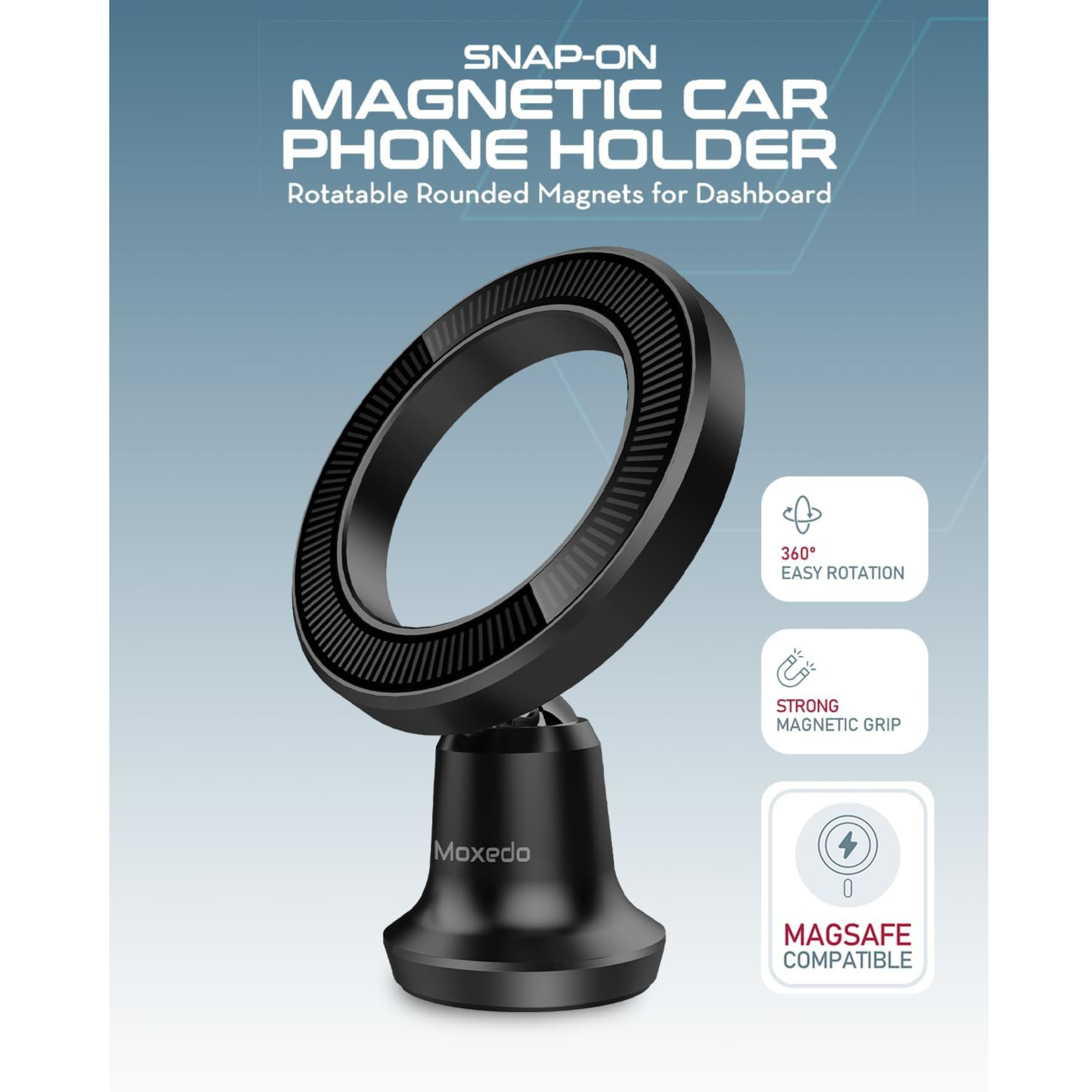 Moxedo Magnetic Car Phone Holder for Dashboard | 360° Rotating Snap-On Mount with Strong Magnets