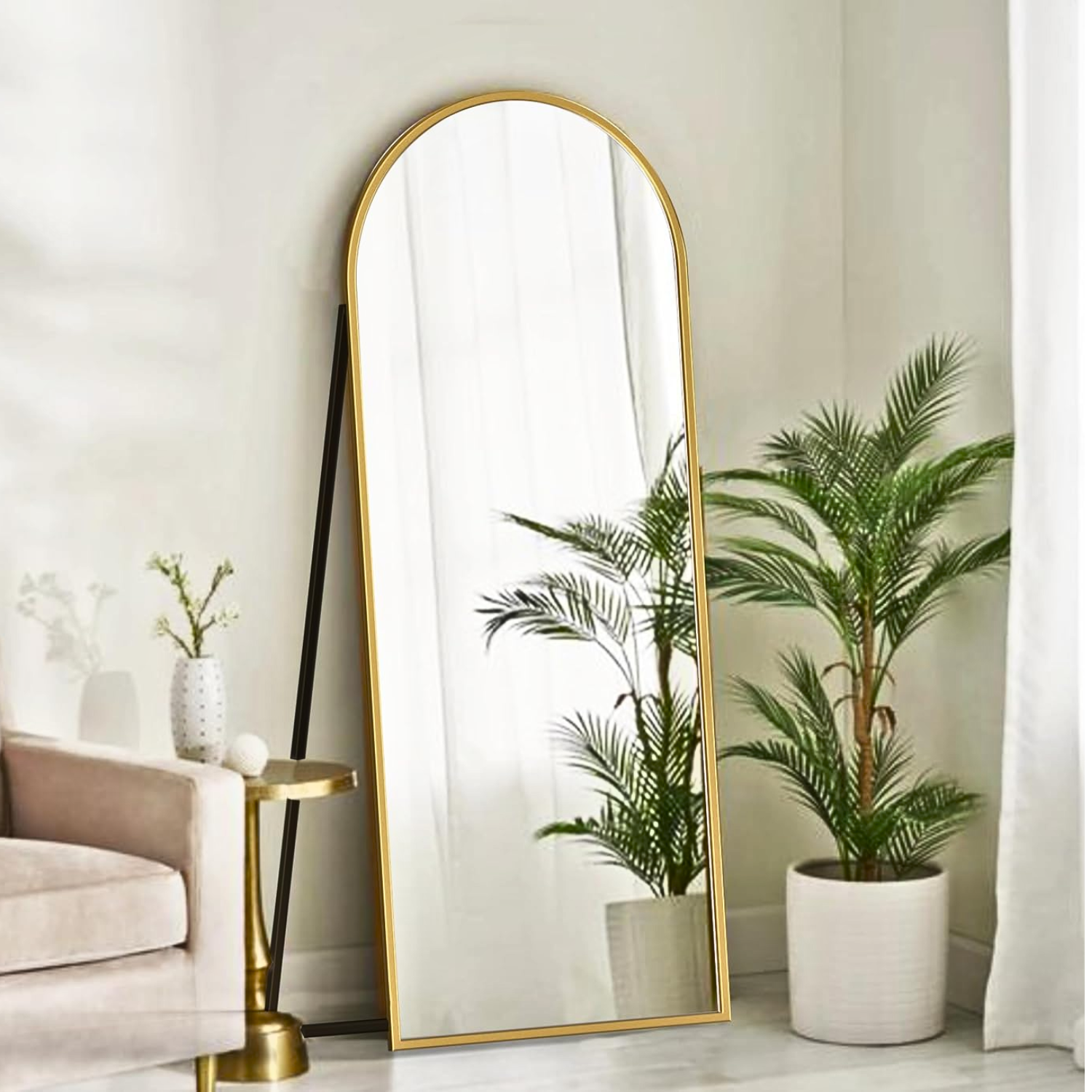 Full Length Life Size Floor Free-standing Arched Metal Frame Mirror Golden