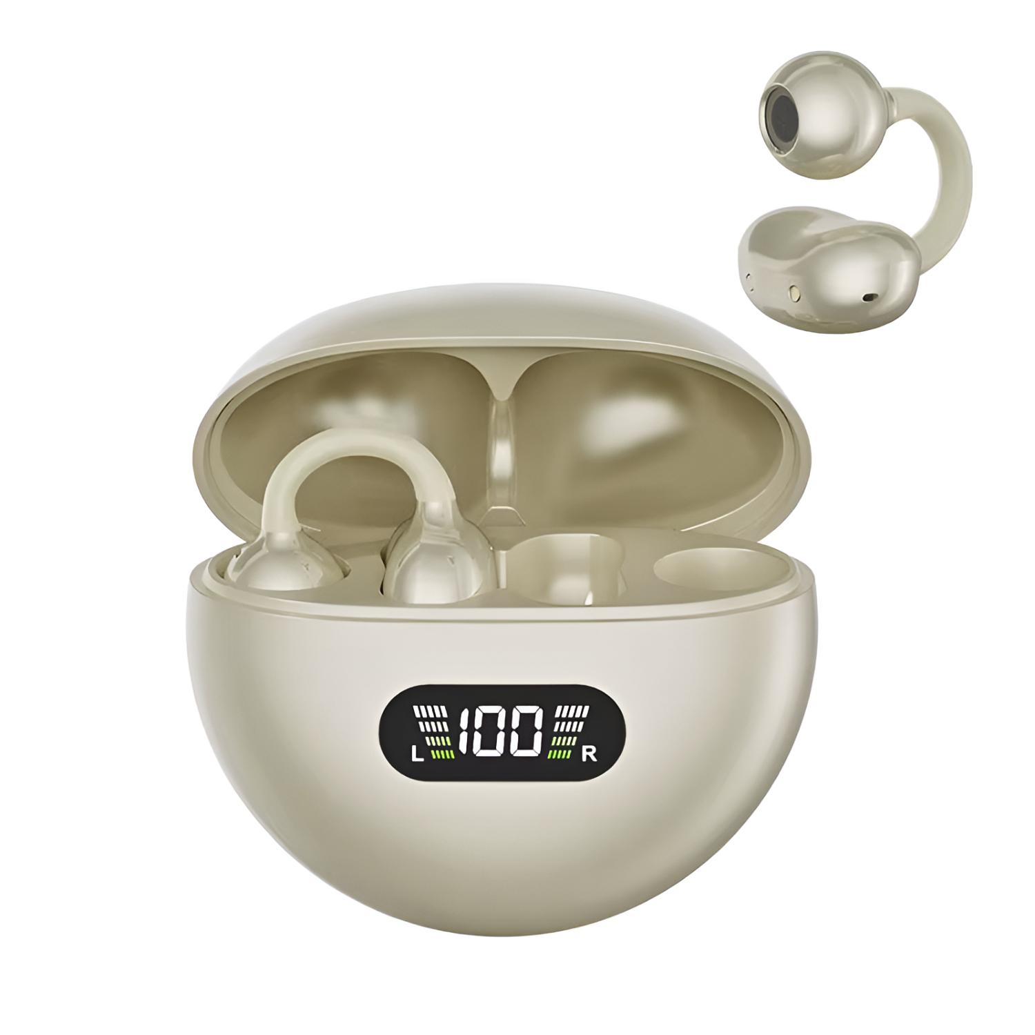 Q71 Wireless Clip On Earbuds, Sports Silicone TWS Earphone with Noise Reduction and Digital Display Beige