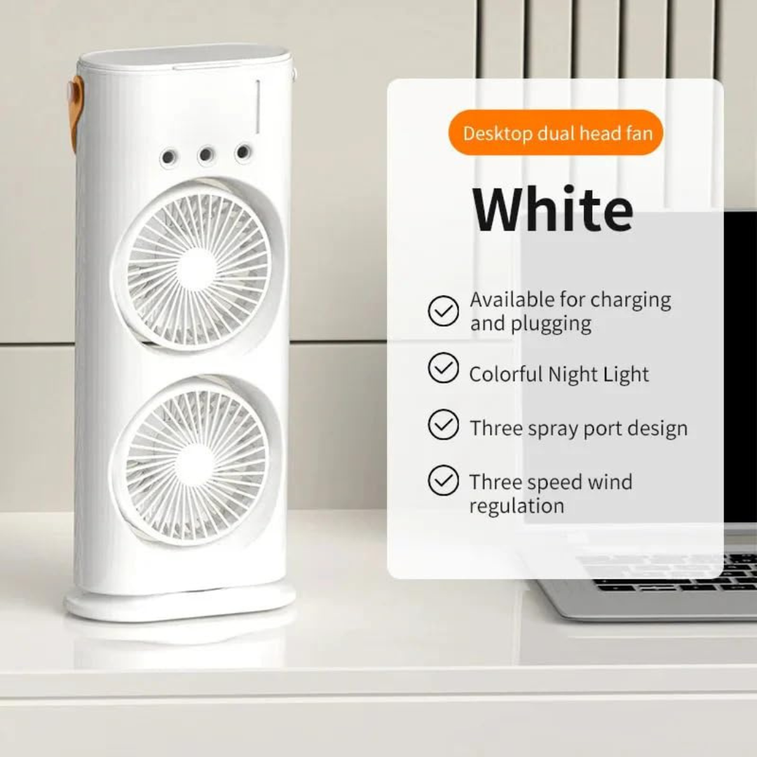 Portable USB Rechargeable Double Head Desk Fan with 3 Mist Spray