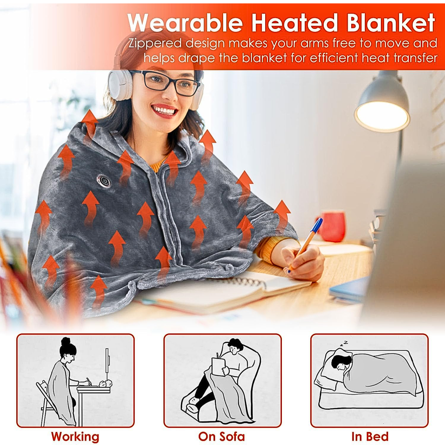 Portable USB Rechargeable Heating Outer Shawl Blanket with 3 Heating Levels