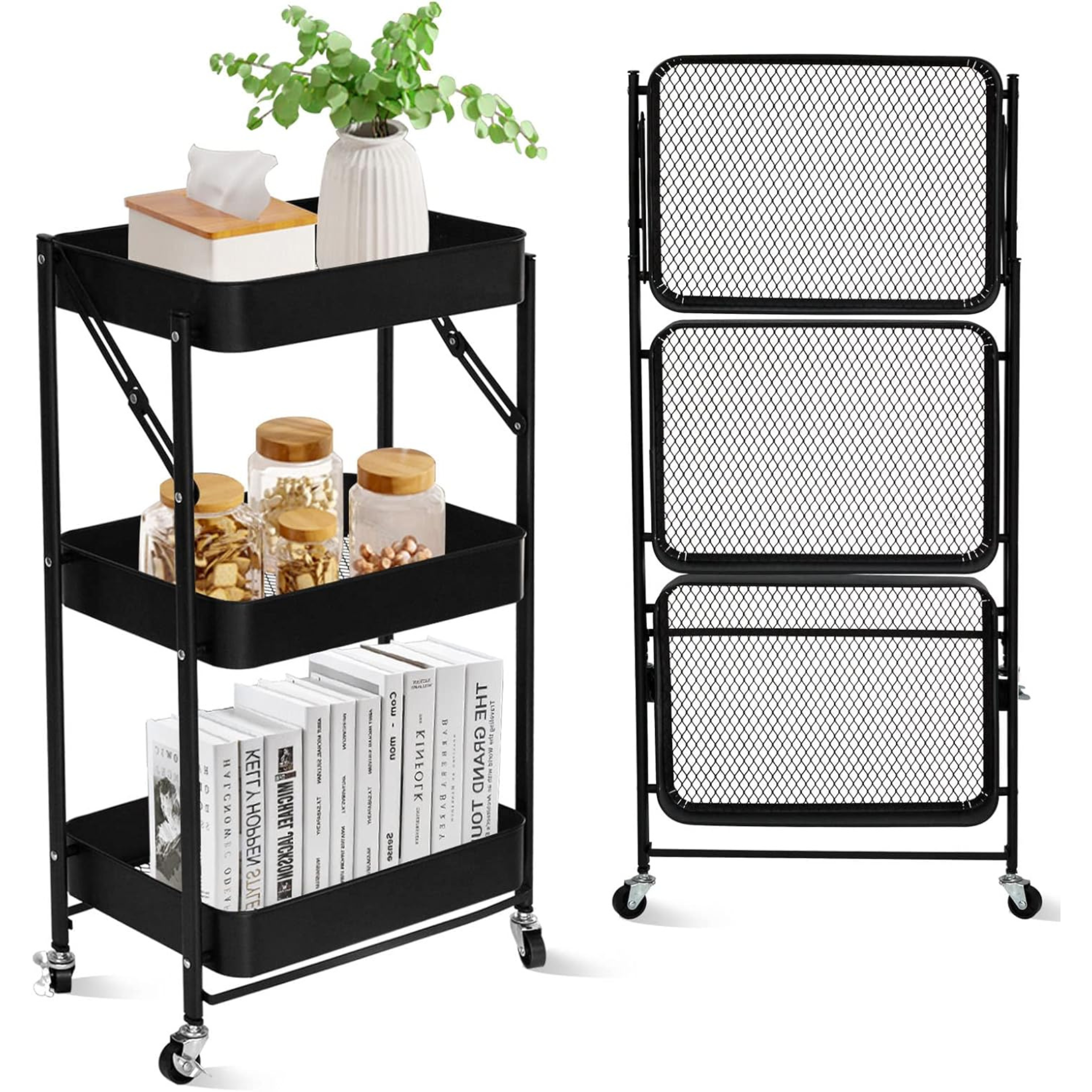 3 Tier Folding Kitchen Storage Trolley Organizer Rack with Locking Wheels