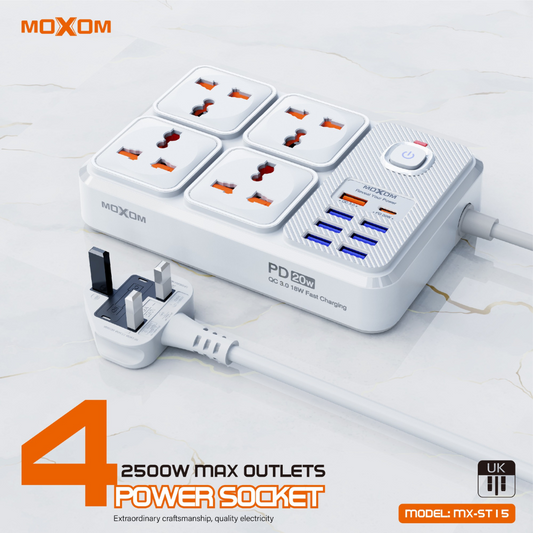 MOXOM MX-ST15 PD20W+QC18W 2500W Strip USB Adapter Extension Board White