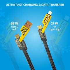 65W 4 IN 1 Braided Fast Charging Cable, USB A, USB C, Lightning Ports