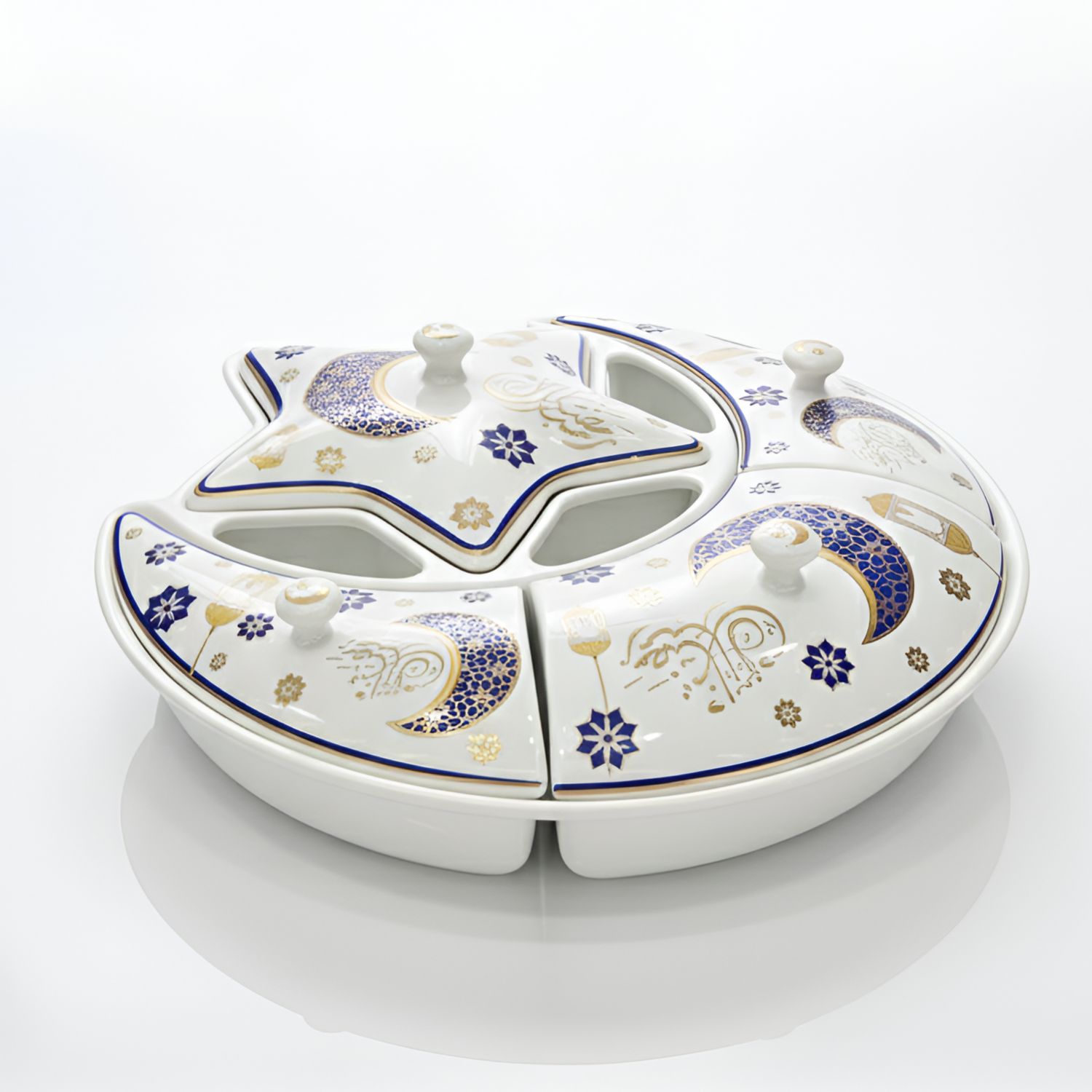 Ramadan Special Design Ceramic Multi Sectional Moon and Star Shaped Serving Tray for Dates Nuts Dried Fruits Sweets and Snacks