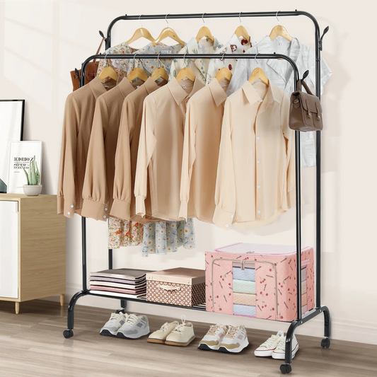 Garment Rack with Wheels - 35Kg Load Capacity Double Rode Hanging Clothes Drying Stand Black