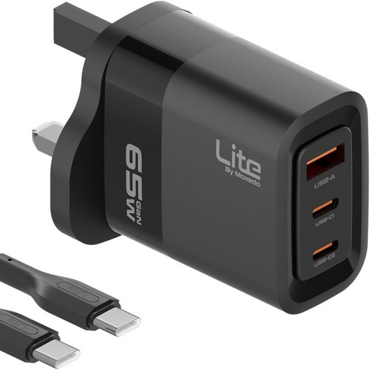 Moxedo Lite 65W Fast Charging GaN Charger with Dual USB C / 1 USB A Port & USB C Cable
