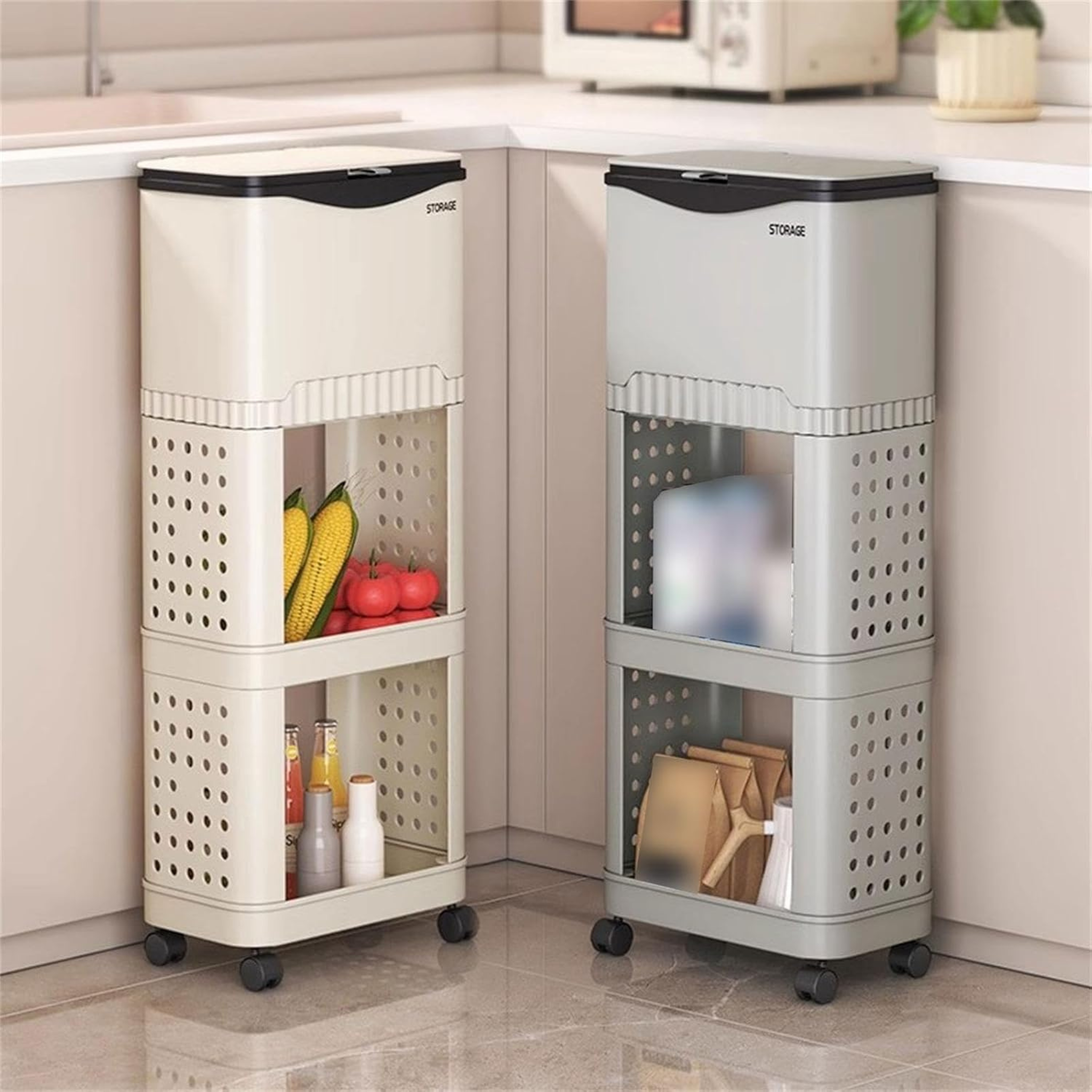 3 layer Kitchen Moving Cart Storage Rack with Garbage Trash Bin and Wheels