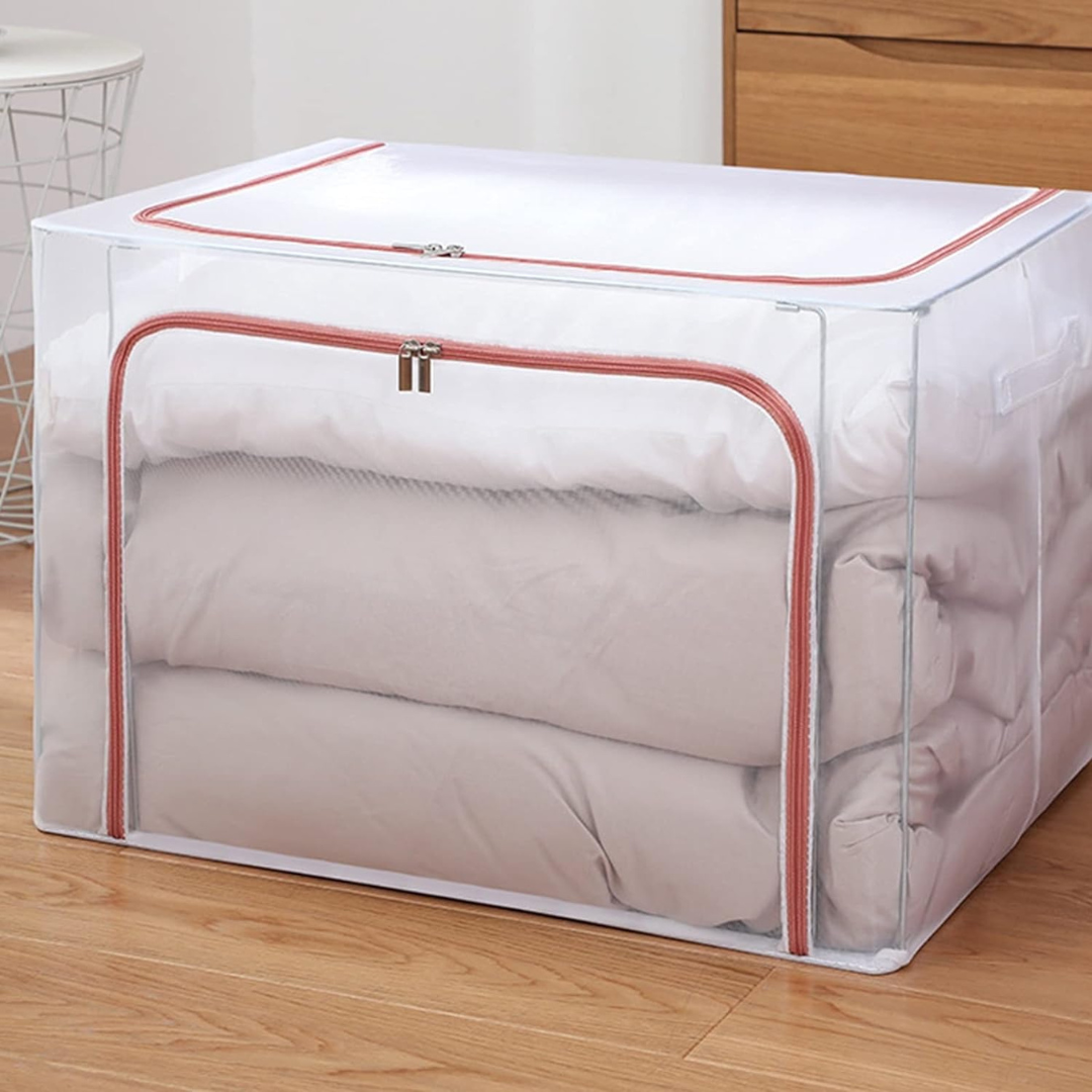 100 Liter Capacity Folding Wardrobe Clothes Organizer Storage Box with Steel Frame Transparent