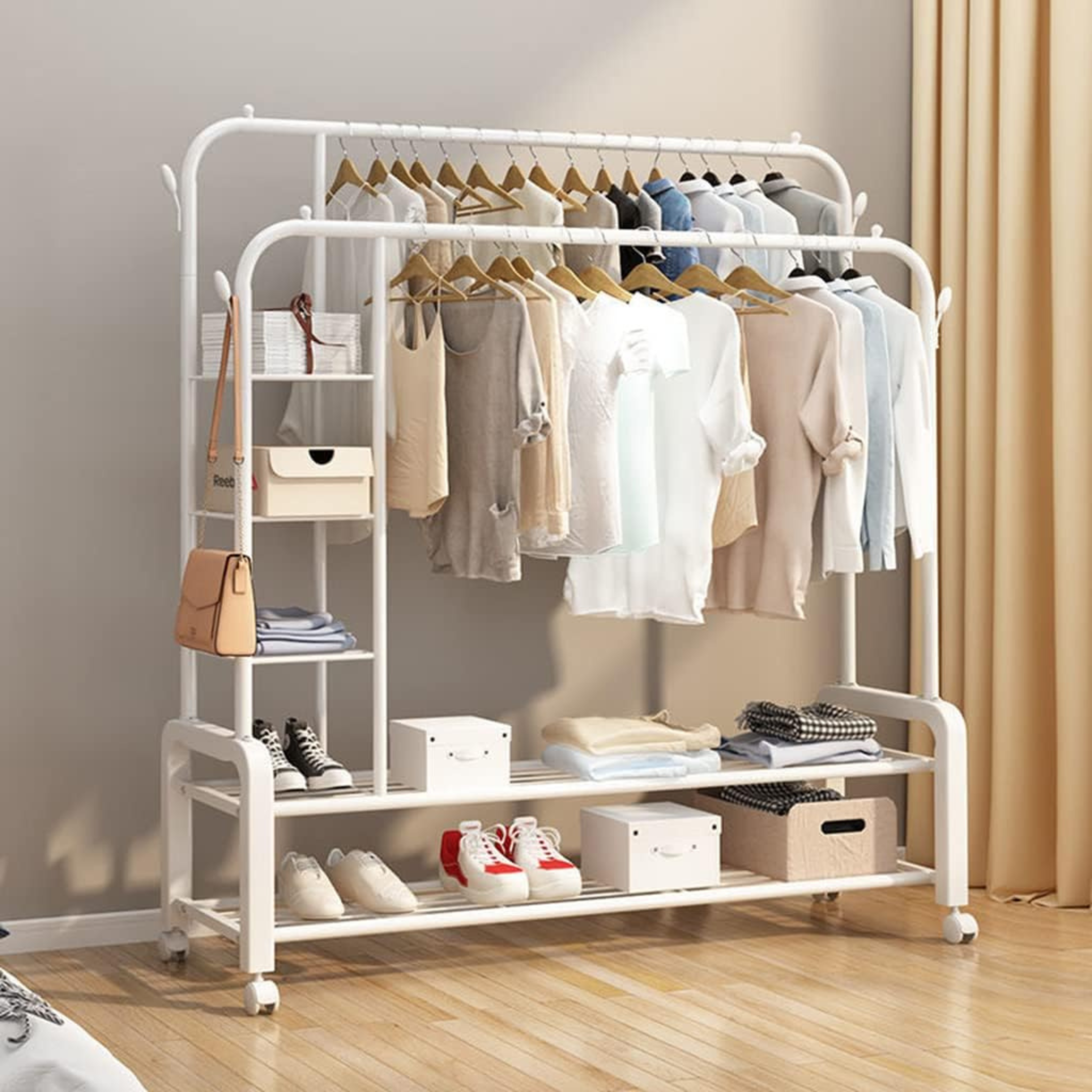 Double Pole Multifunctional 58Kg Double Layer Clothes Hanger with Wheels White