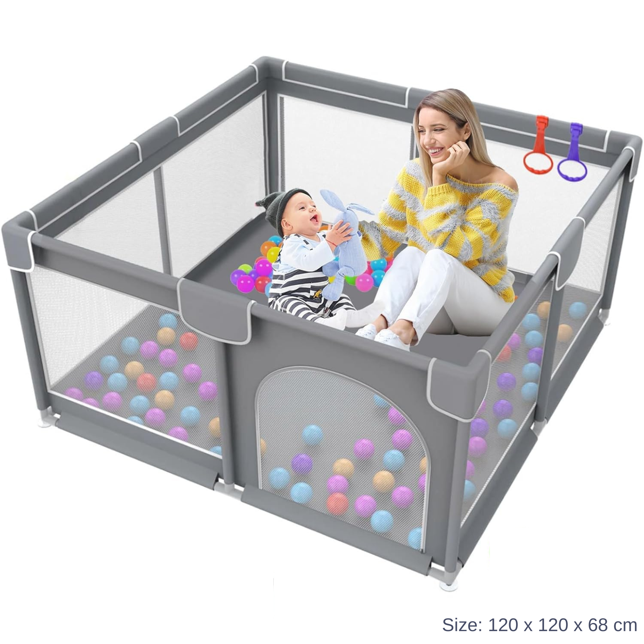 Portable Large Baby Fence Area, Large Baby Playpen, Anti-Slip Play Yard For Toddlers 120 x 120 x 68 cm (Grey)