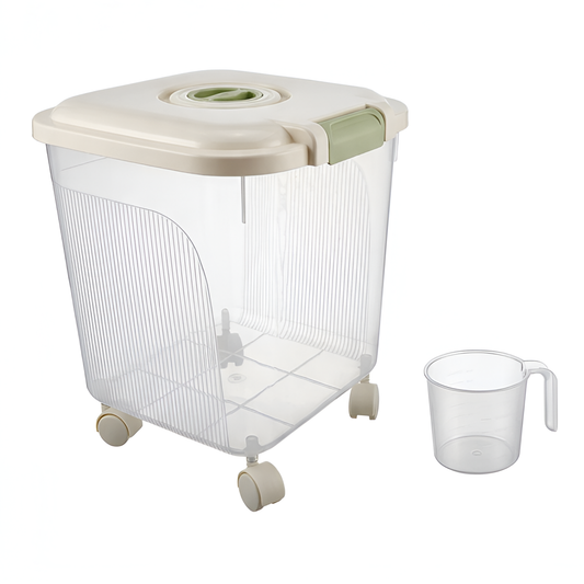 30 Liter Large Capacity Airtight Rice Storage Bucket Container with Wheels, Mug and Secure Latch System
