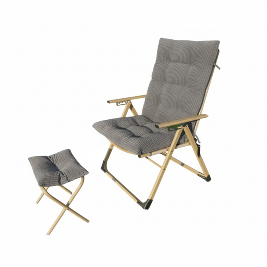 Folding Beach Chair with 5 Level Backrest Adjustment, Removable Cushion and Foot Rest Grey