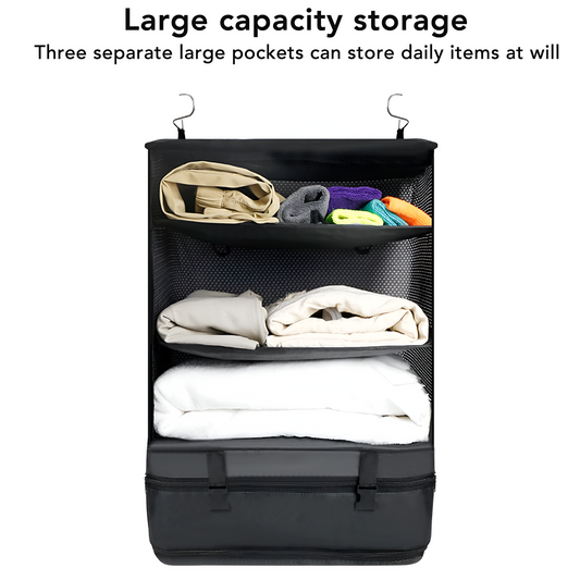 Hanging Garment Organizer with 3 Collapsible Shelves and 2 Hooks for Clothes Storage
