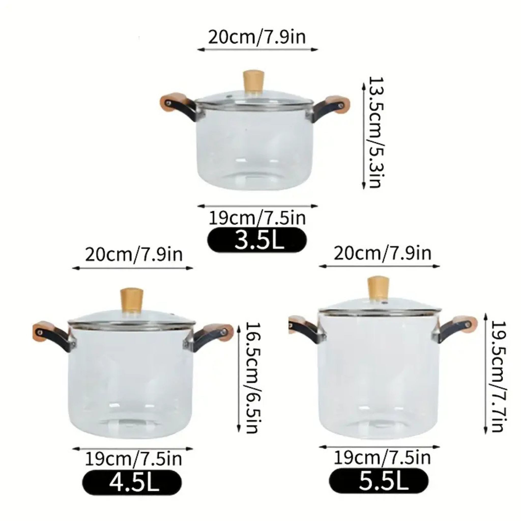 Heat Resistant Transparent Glass Pot with Lid and Wooden Handle