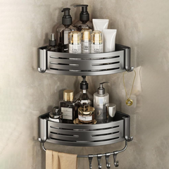 Wall Mounted Bathroom Corner Metal Organizer Shelf with Towel Hanger and Hooks
