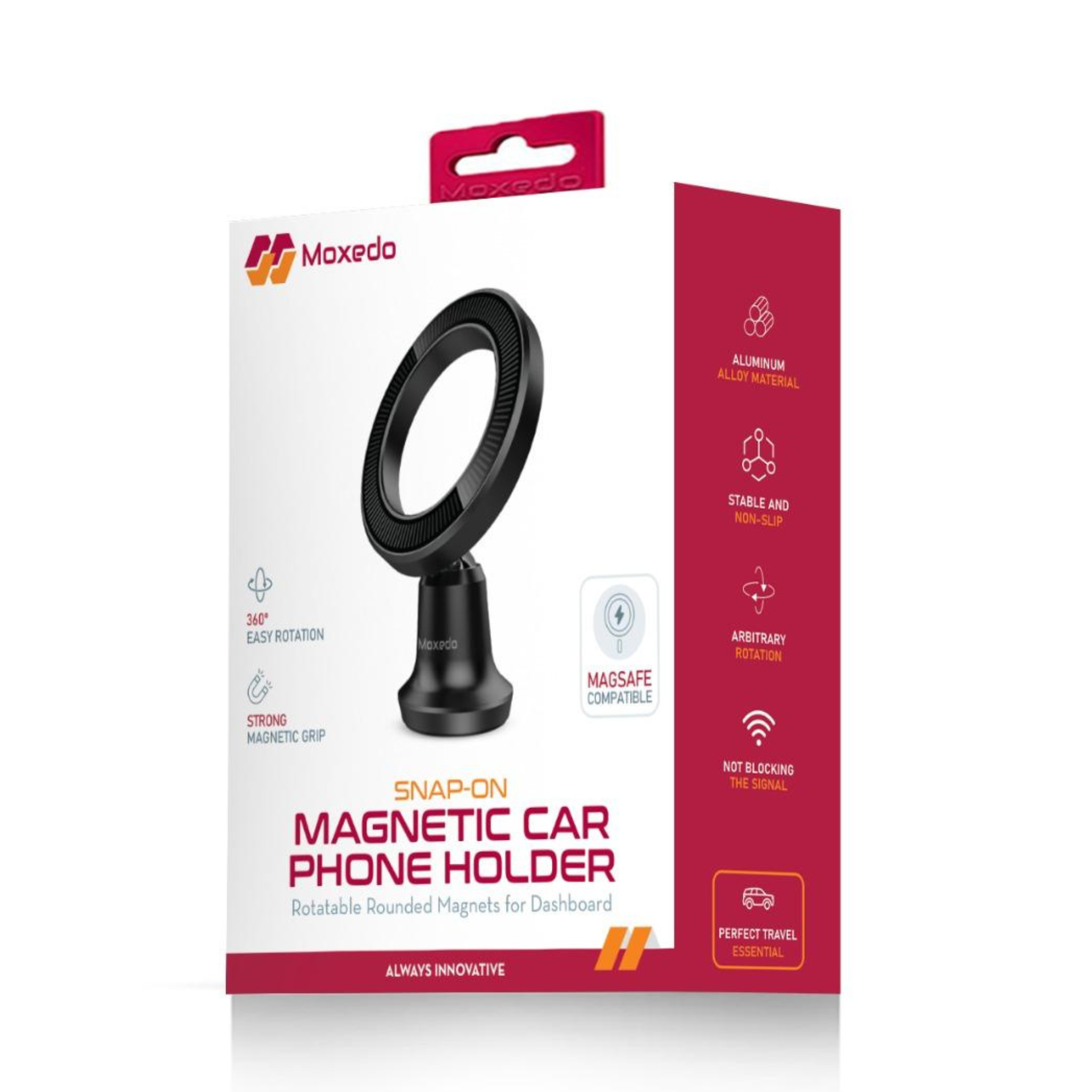 Moxedo Magnetic Car Phone Holder for Dashboard | 360° Rotating Snap-On Mount with Strong Magnets