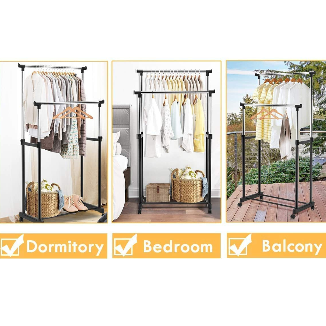 Stainless Steel Double Rails Telescopic Clothes Rack with Wheels