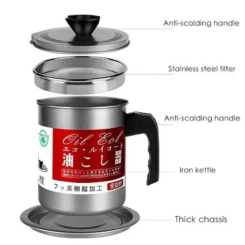 Oil Filter & Storage Container - 1.4 L Capacity Stainless Steel Oil Strainer