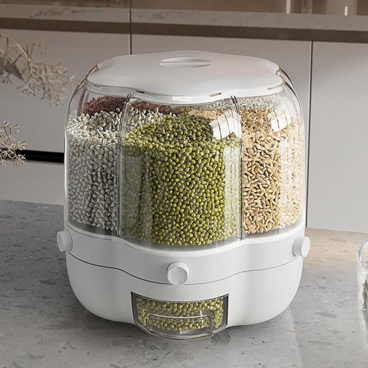 6 Grid Rotating 6.5Kg Rice & Cereal Dispenser Storage Organizer, One-click Rice Output