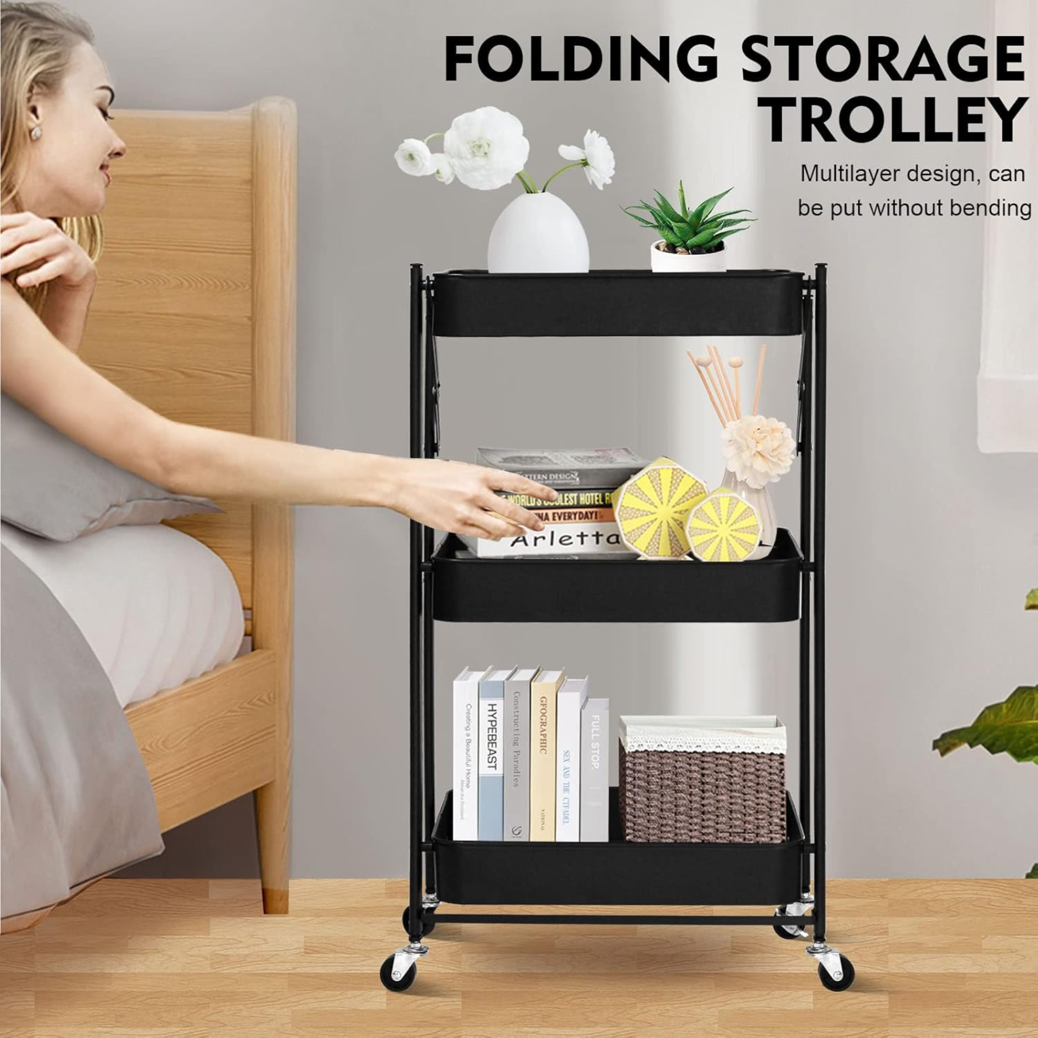 3 Tier Folding Kitchen Storage Trolley Organizer Rack with Locking Wheels
