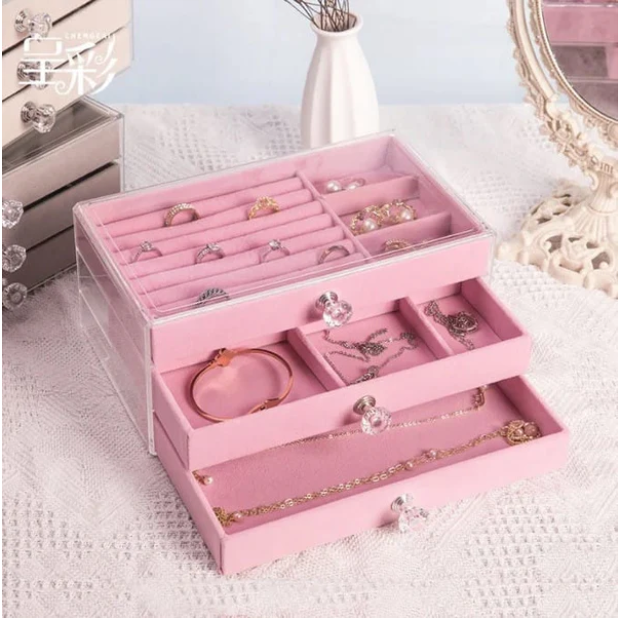 3 Layer Clear Acrylic Glass Jewelry Organizer, Stackable Jewelry Storage Box with Drawers Pink