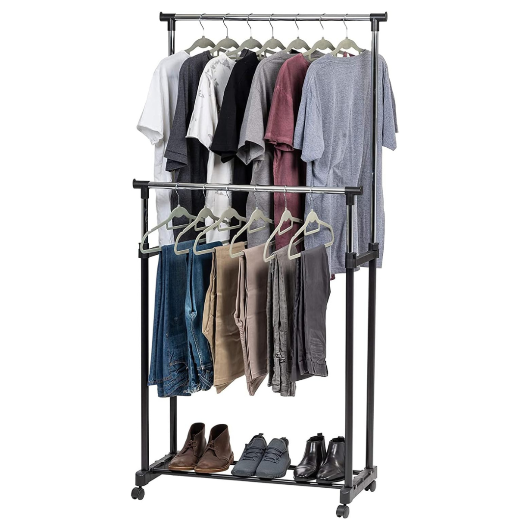 Stainless Steel Double Rails Telescopic Clothes Rack with Wheels in Qatar Qmax.qa
