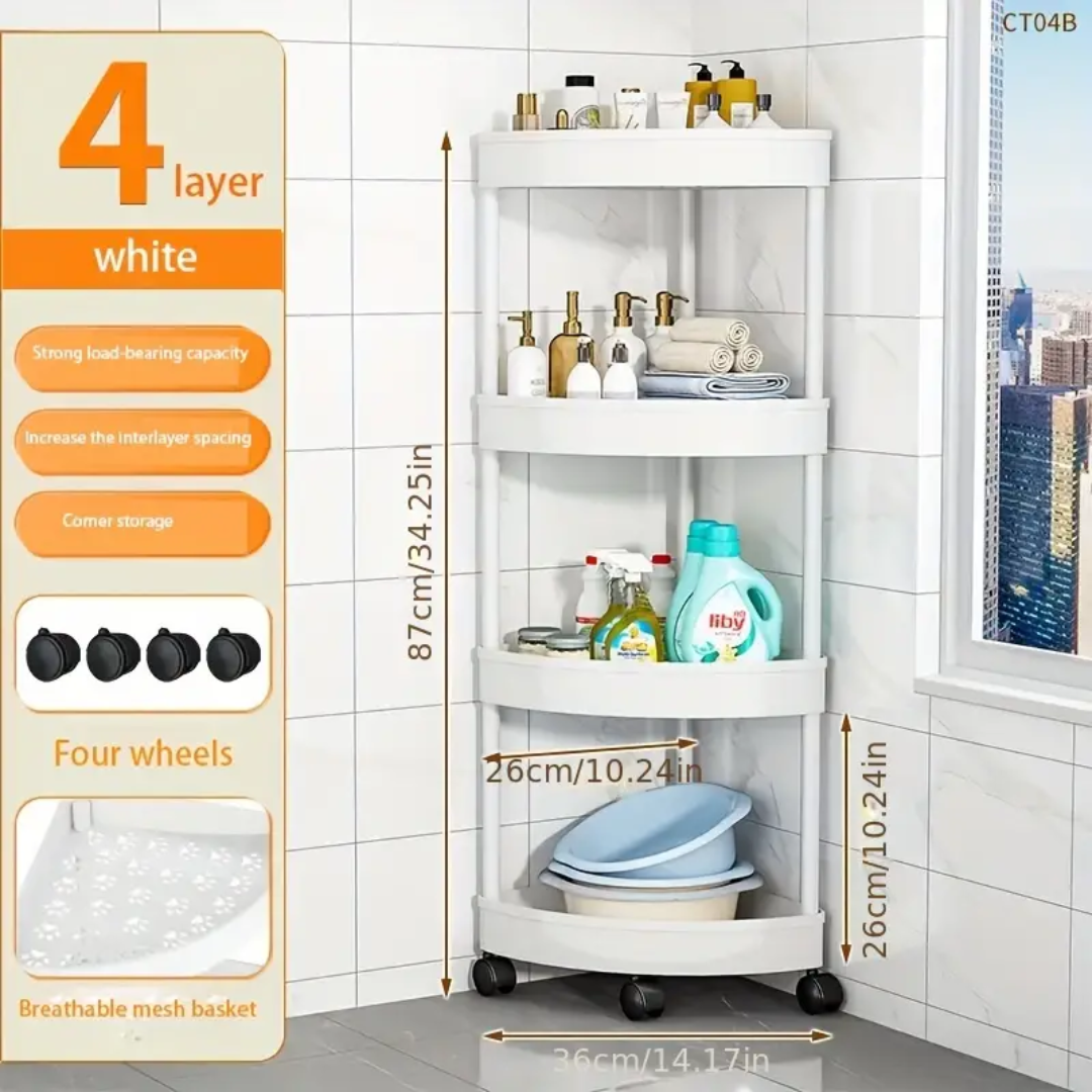 4 Layer Storage Corner Rack with Wheels for Bathroom and Kitchen White