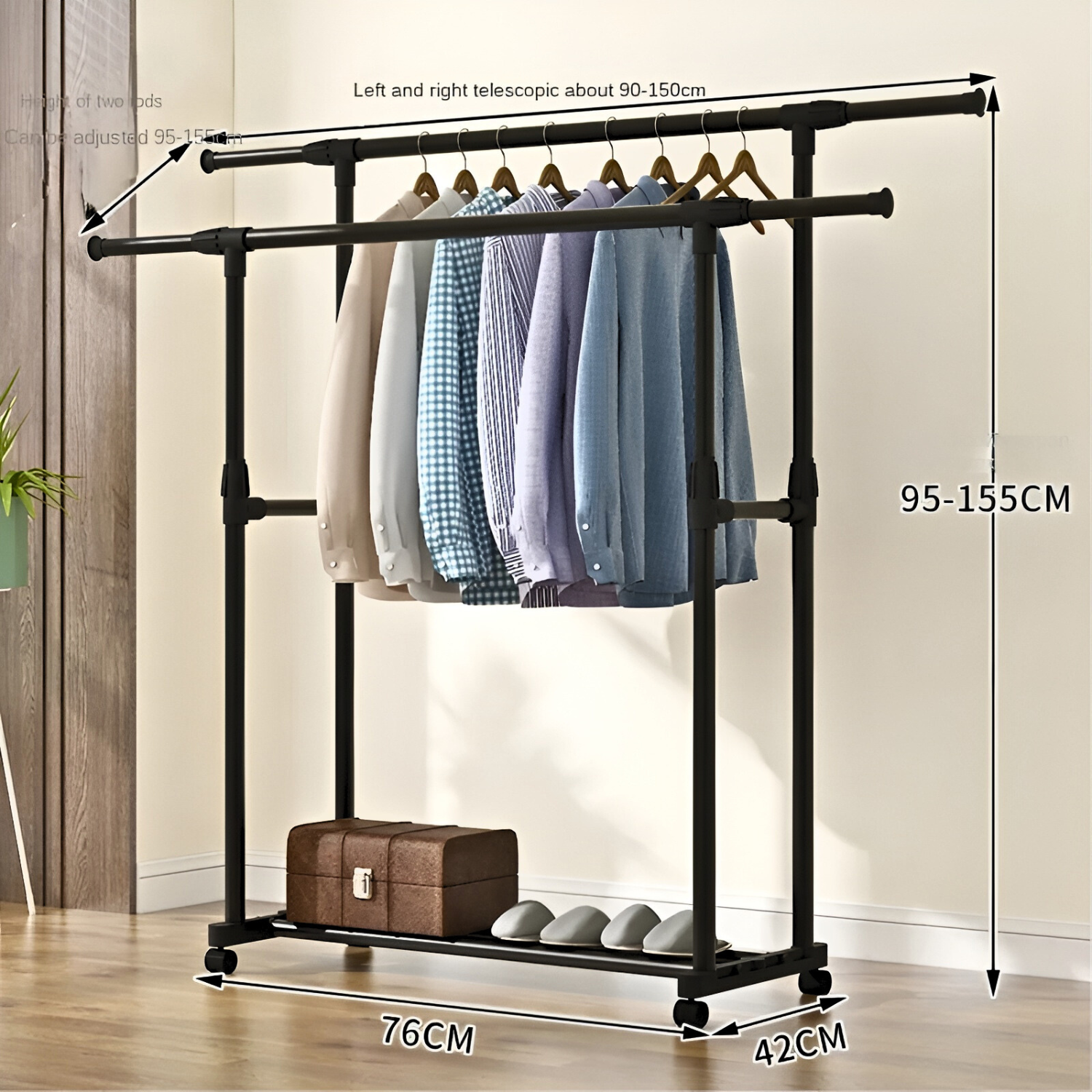 Adjustable Cloth Hanging Rack with Wheels for Coats, Dress