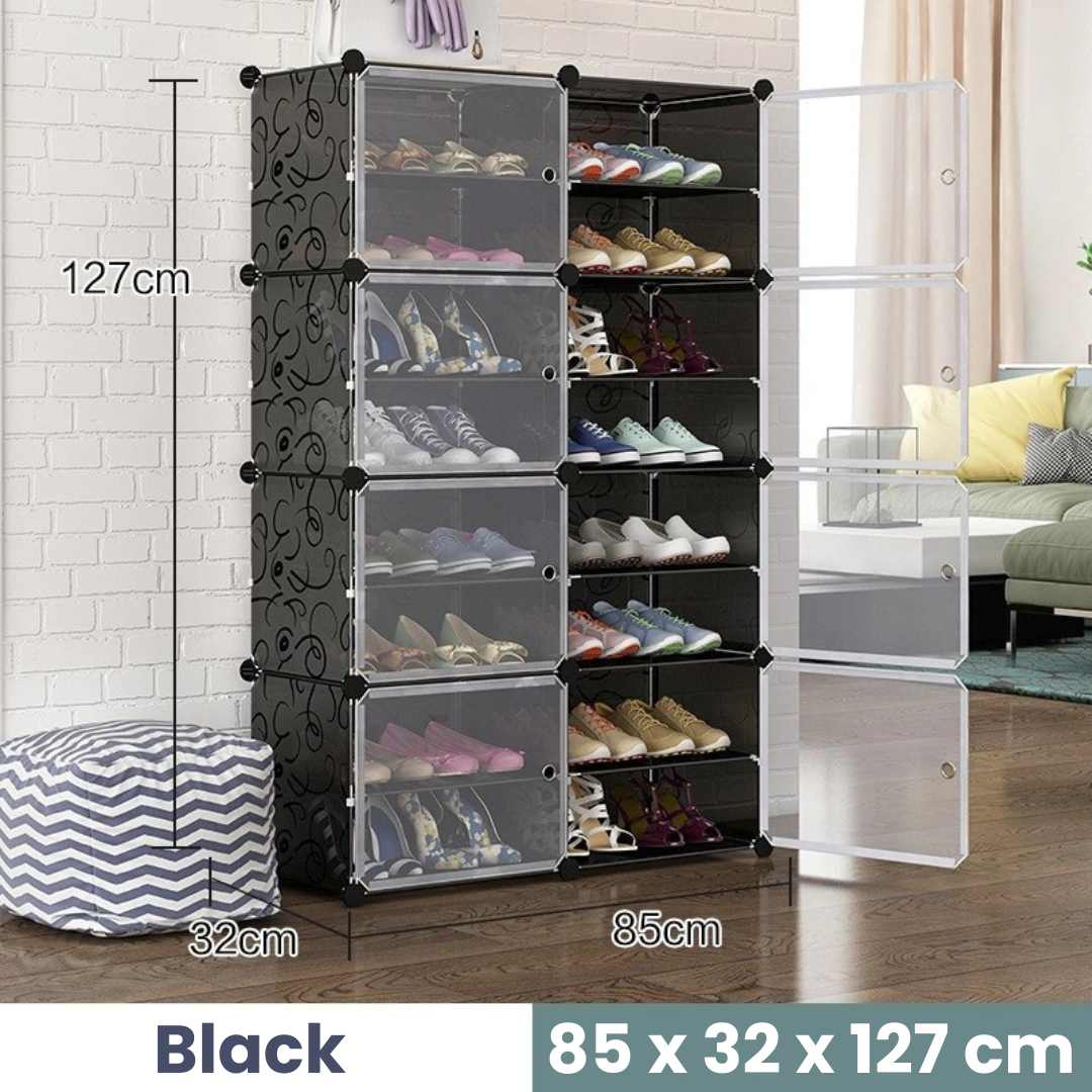 Multi Tier Shoe Rack with Cover, Shoe Cabinet with Doors 8 Doors Black