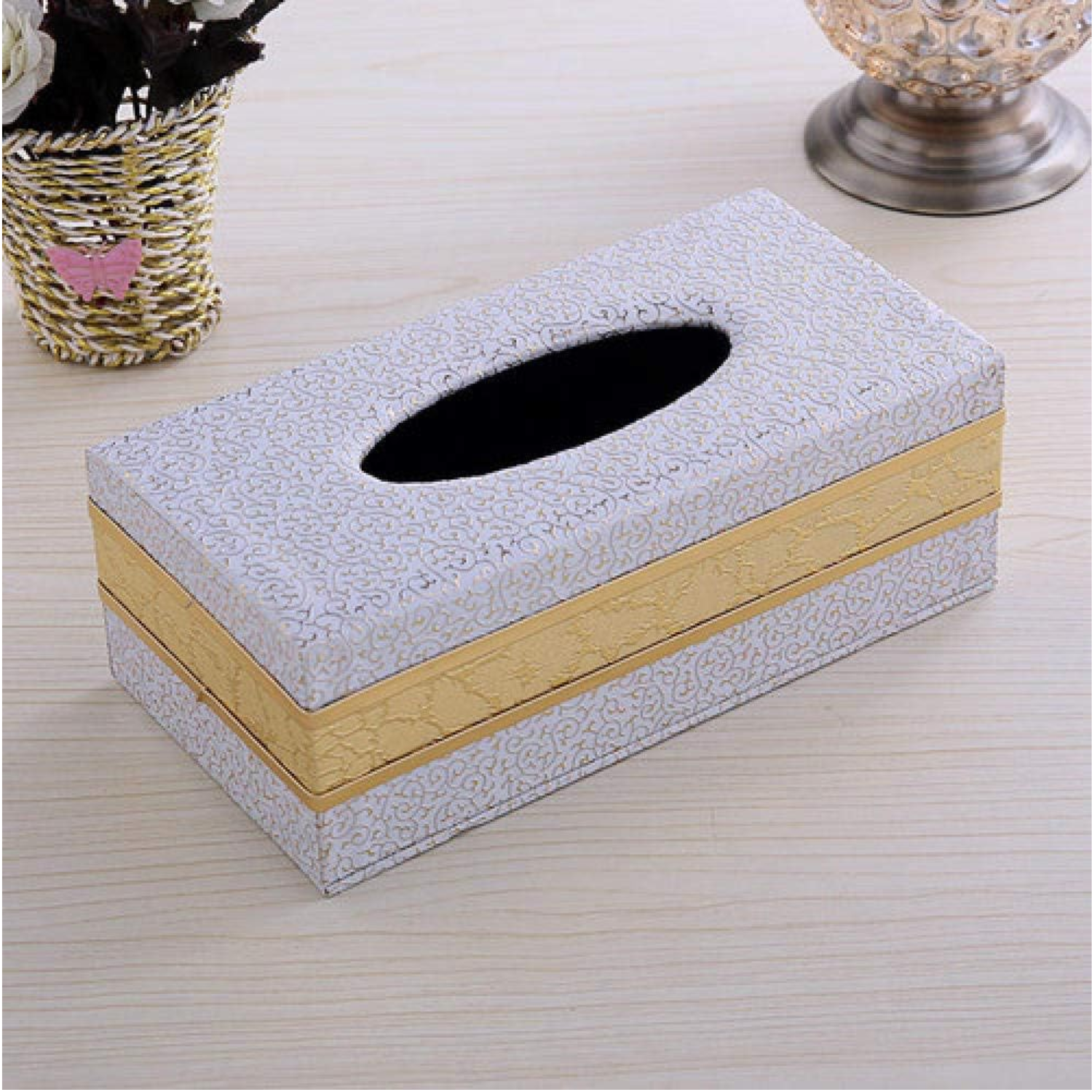 Rectangular Desktop Tissue Paper Holder Box 24 × 12 × 9 cm White + Golden